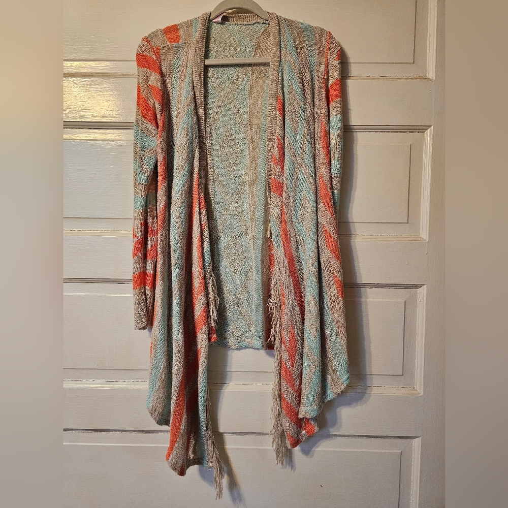 No Boundaries Coral and Aqua Open Front Cardigan With Fringe trim 7-8 MED